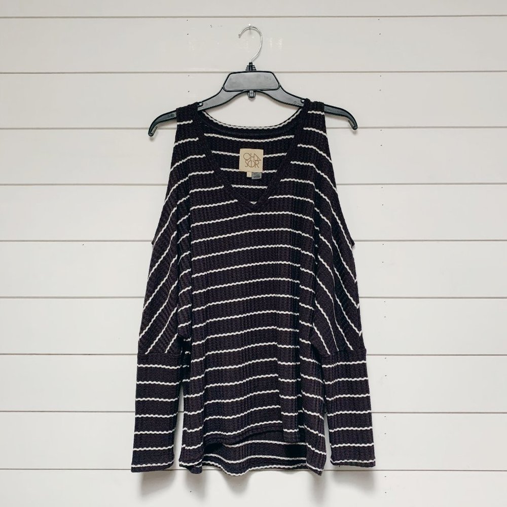 Chaser Cold Shoulder Waffle Thermal Striped Large Top